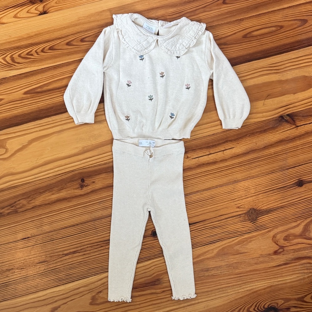 Zara Cream with embroidered flowers Textured Collar Top with matching pants 2T